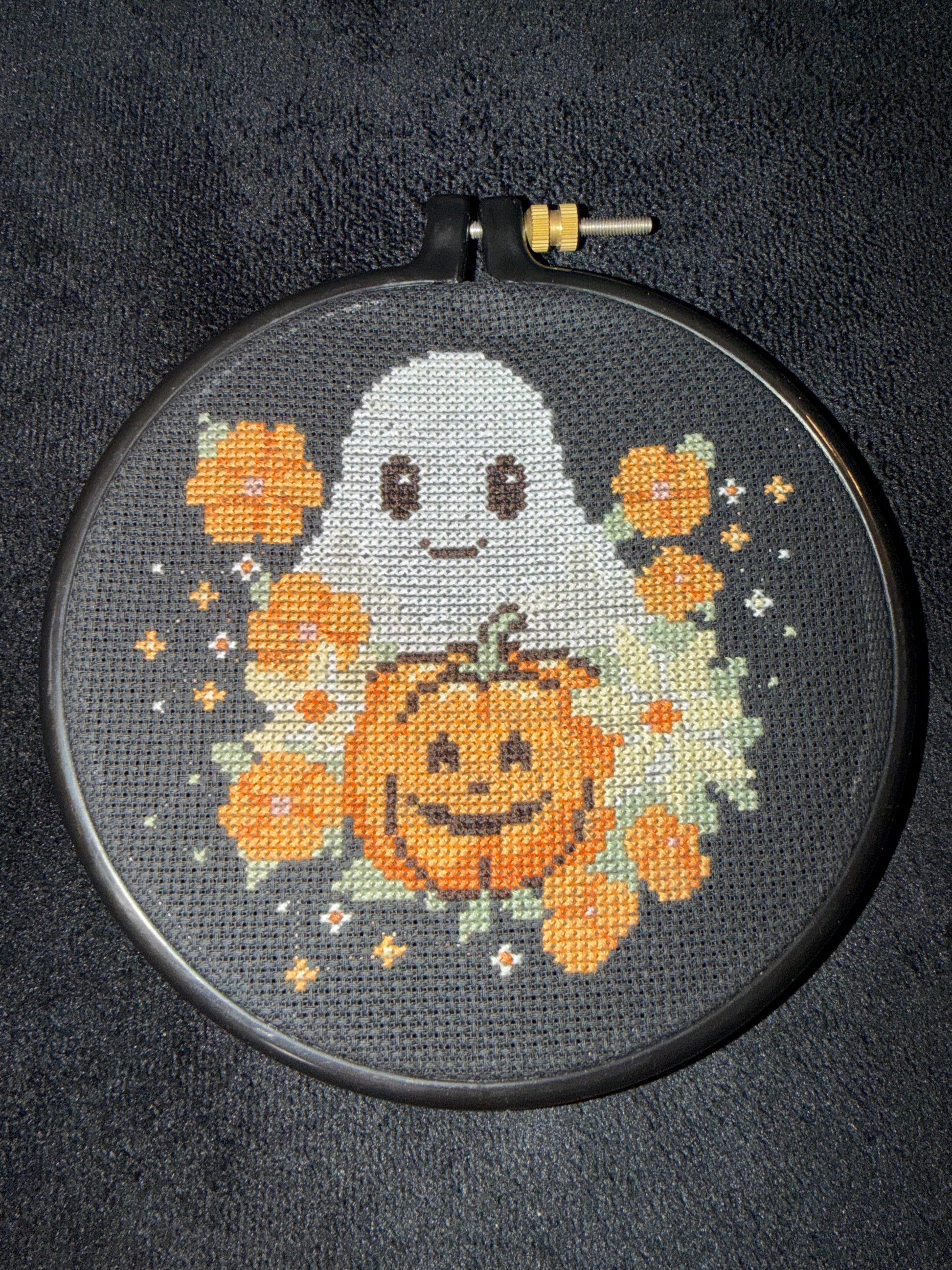 Cross Stitch Floral Ghost & Pumpkin